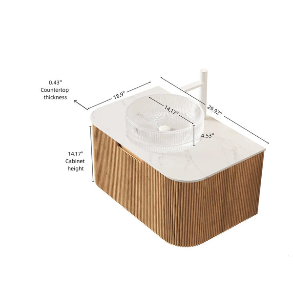 English Elm Muri Floating Bathroom Vanity Plywood Cabinet Sintered Stone Top Oak Drawer Carrara White,Natural Wood,Transparent W2615S00445