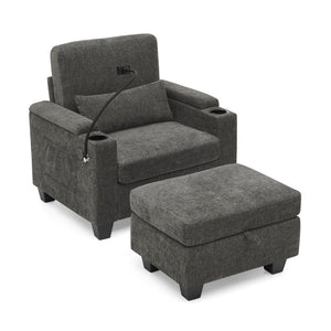 English Elm Single Chenille Manual Recliner with Usb Port Hidden Storage Ottoman and Cup Holders Gray W487P423648