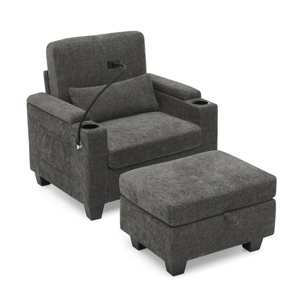 English Elm Single Chenille Manual Recliner with Usb Port Hidden Storage Ottoman and Cup Holders Gray W487P423648