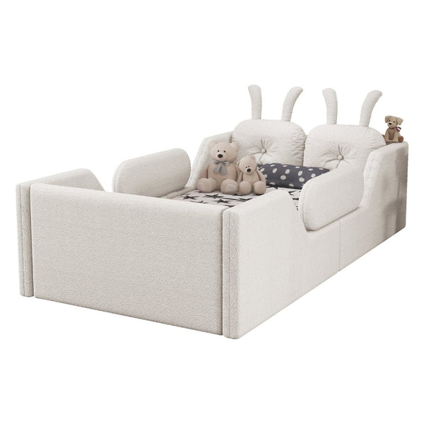 English Elm Twin Kids Platform Bed Teddy Fabric Upholstered with Bunny Cushions and Safety Rails White W2593P395806