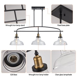 English Elm 45" Industrial 3-Light Pendant Chandelier with Clear Glass Shades, Black Metal, Adjustable Height, Modern Farmhouse Lighting for Kitchen Island and Dining Areas W1340P253586