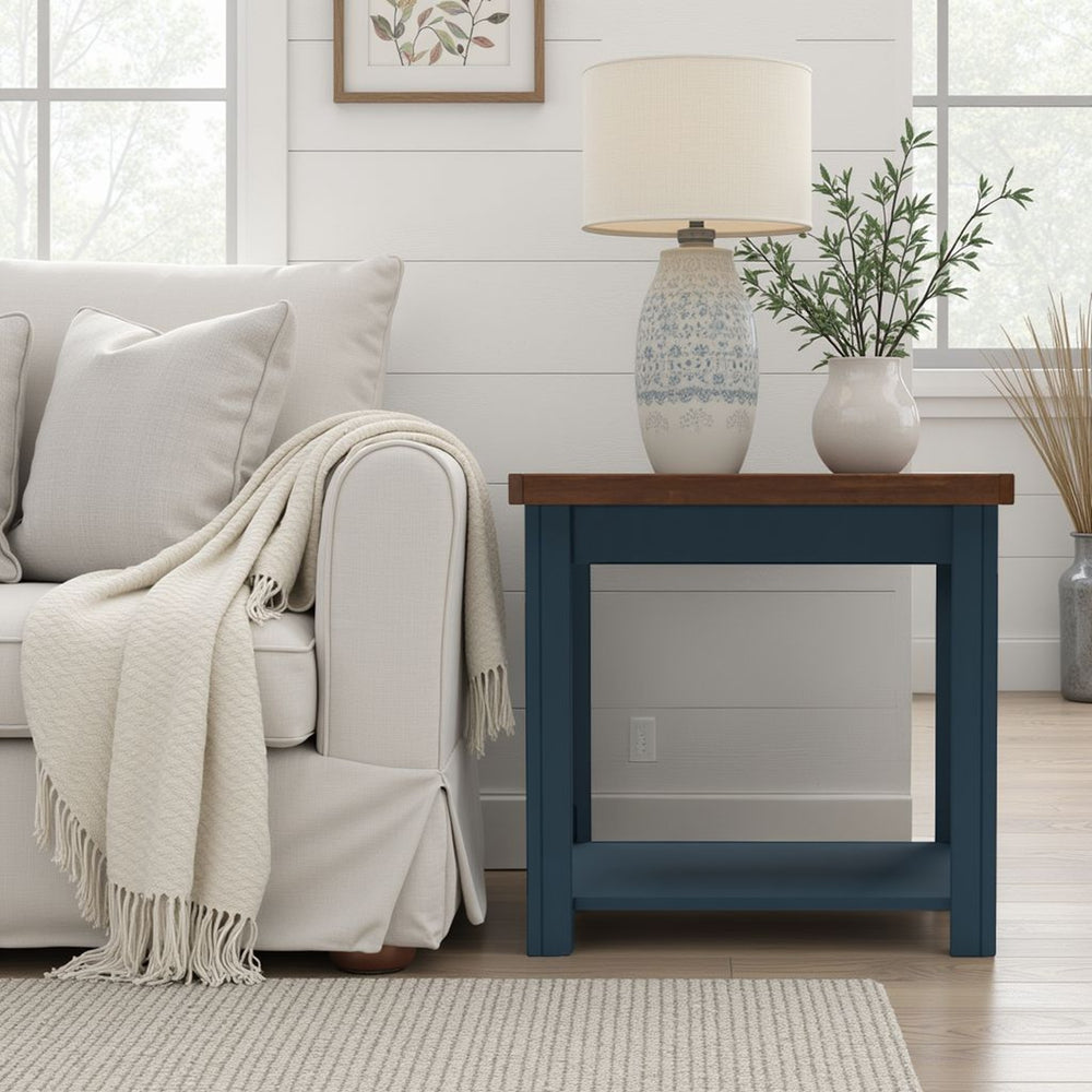 English Elm 24 24 Inch Side Table Blue Denim & Whiskey Two-Tone Farmhouse Accent End Table Fully Assembled Ready B108131554