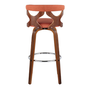 English Elm Gardenia Mid-Century 30" Barstool Set of 2 — Walnut Wood, Orange Fabric, Swivel, Chrome Footrest B202S00573