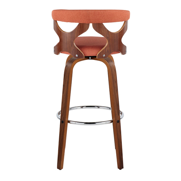 English Elm Gardenia Mid-Century 30" Barstool Set of 2 — Walnut Wood, Orange Fabric, Swivel, Chrome Footrest B202S00573