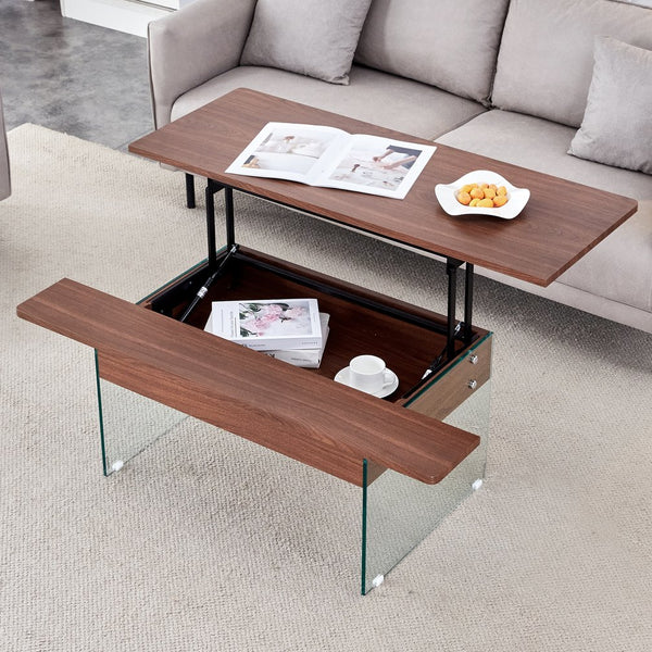 English Elm Multifunctional Lift Top Coffee Table with Tempered Glass Legs, Ergonomic Storage and Durable MDF Finish Wood W2920P226074