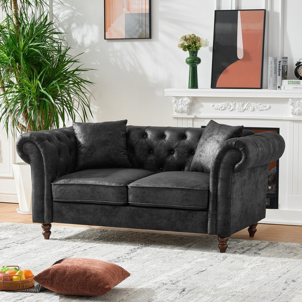 English Elm 66"Chesterfield Tech Fabric Sofa with Roll Armrests, 2-Seater Mid-Century Upholstered Comfort Black W3373S00003