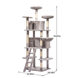 English Elm Large 7 Tier Plush Cat Tree with Dual Condos Hammock Sisal Posts for Multi Cat Homes Gray W1578P447623