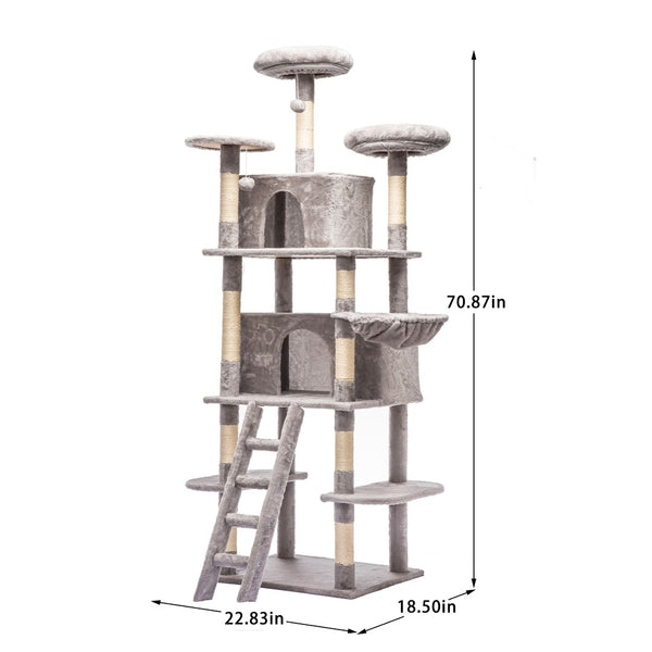 English Elm Large 7 Tier Plush Cat Tree with Dual Condos Hammock Sisal Posts for Multi Cat Homes Gray W1578P447623