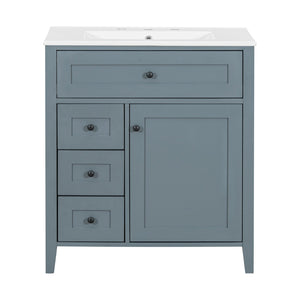 English Elm 30-Inch Contemporary Bathroom Vanity with Sink, MDF & Rubberwood, Glossy Finish, 3 Drawers + Cabinet Blue Gray N725P350819E