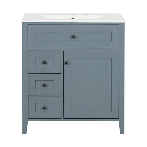 English Elm 30-Inch Contemporary Bathroom Vanity with Sink, MDF & Rubberwood, Glossy Finish, 3 Drawers + Cabinet Blue Gray N725P350819E