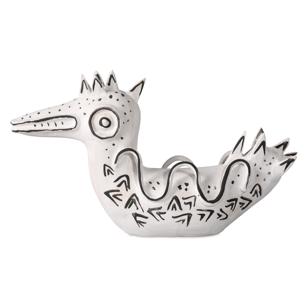 Eunice the Duck: Artistic Porcelain Vessel in Washed White with Black Details for Modern Spaces