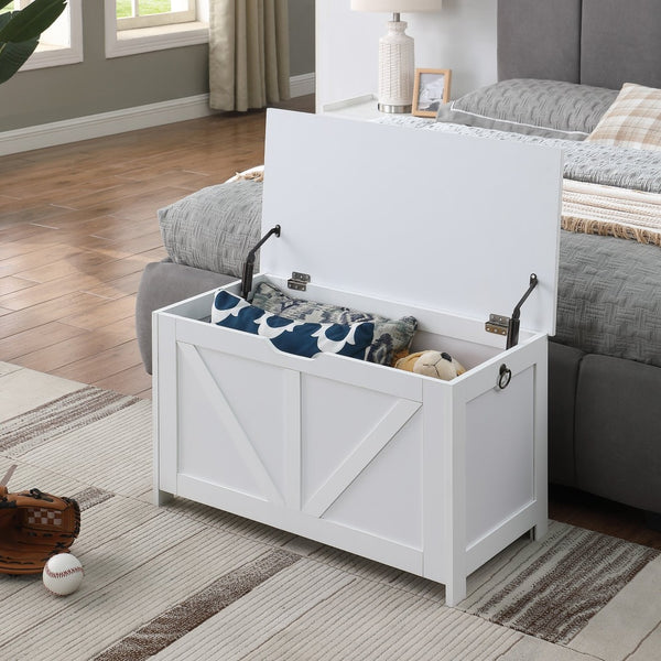 English Elm Storage Bench with Hinged Lid White Retro Box Organizer for Entryway or Bedroom Foot W3151P449053