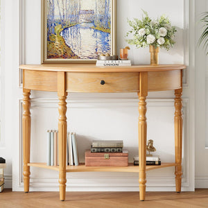 English Elm Trexm Farmhouse Half Moon Entryway Console with Drawer Open Shelf Pine Legs N715P383795D
