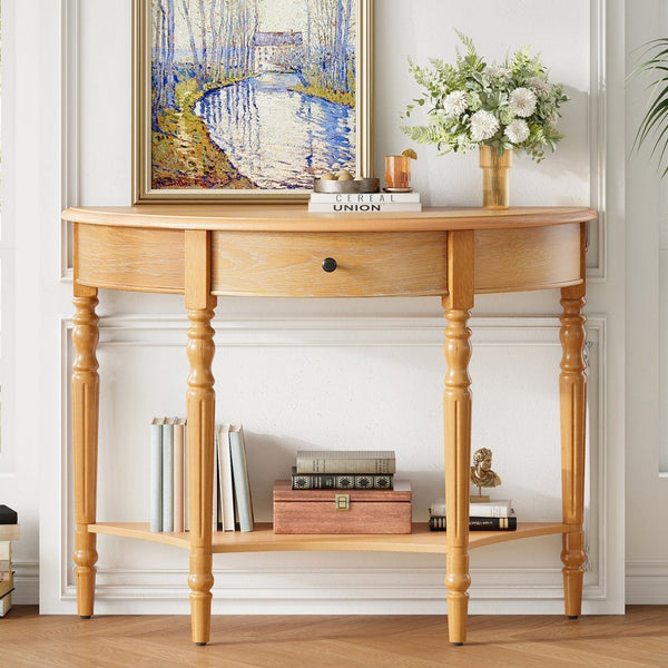 English Elm Trexm Farmhouse Half Moon Entryway Console with Drawer Open Shelf Pine Legs N715P383795D