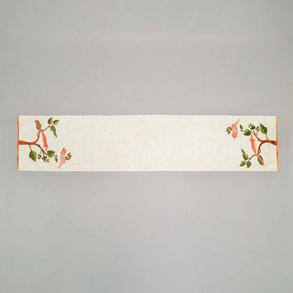 English Elm Bird 72in Embroidered Cotton Table Runner Ivory — Peony Motif, Rustic Slub Texture, Eco Artisan Decor B346P321270
