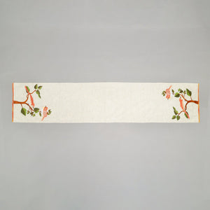 English Elm Bird 72in Embroidered Cotton Table Runner Ivory — Peony Motif, Rustic Slub Texture, Eco Artisan Decor B346P321270