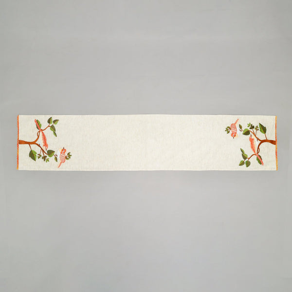 English Elm Bird 72in Embroidered Cotton Table Runner Ivory — Peony Motif, Rustic Slub Texture, Eco Artisan Decor B346P321270