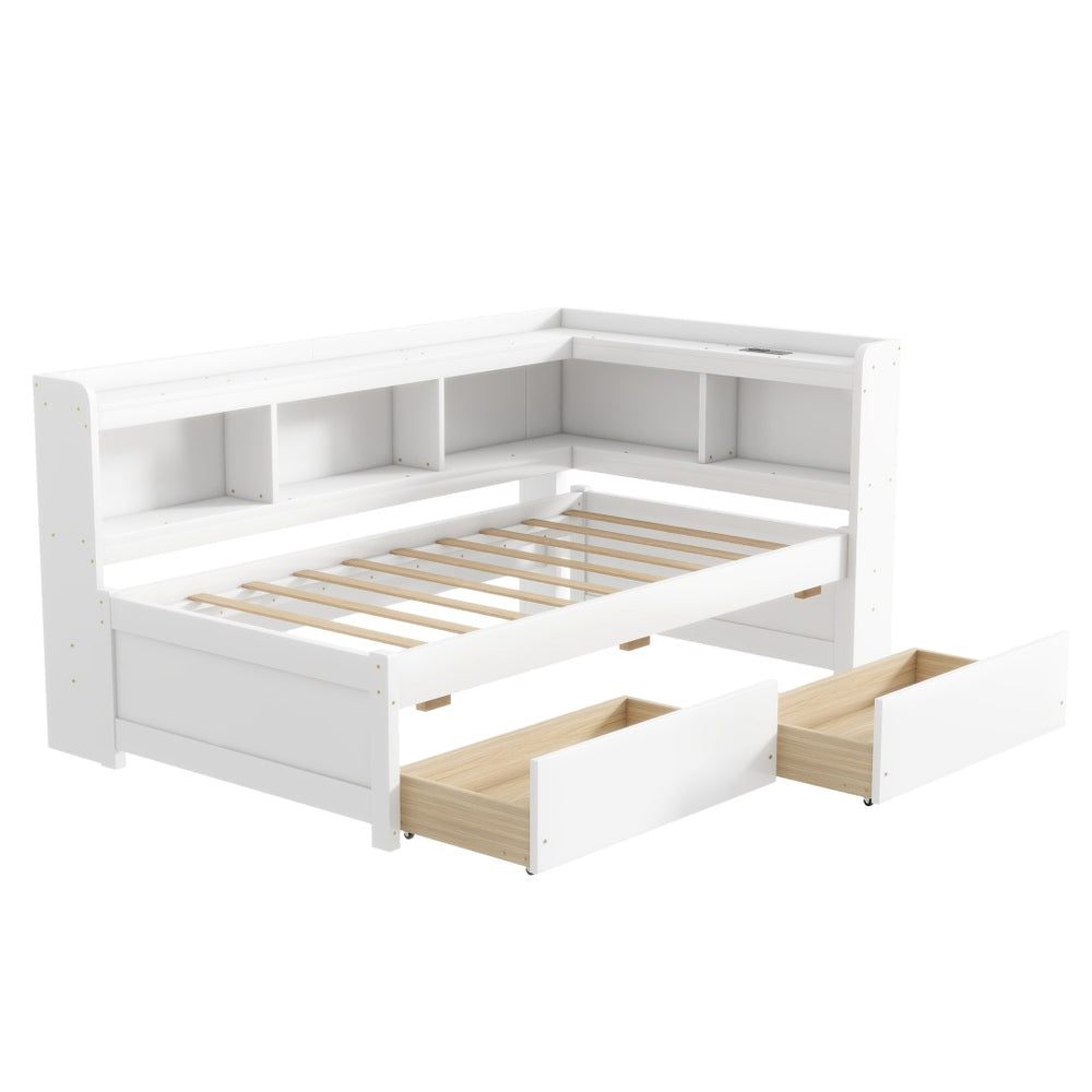 English Elm Twin L-Shaped Bookcase Bed With Usb Charging, Two Drawers & Modern White Finish For Smart Storage W504S00244-GIGA