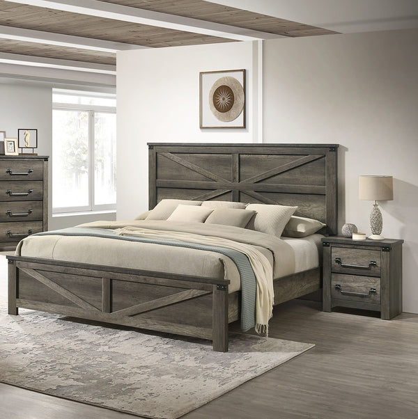 English Elm Rustic Farmhouse 3pc Queen Bed Set with Metal-Accent Headboard & Antique Brass Handles, Sturdy Gray 68 L x 35 W x 7 H B2741S00167