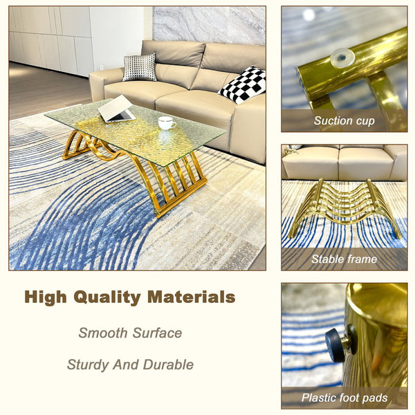 English Elm 47" Rectangle Modern Coffee Table With Ripple Glass Top, Gold Stainless Steel Frame, Easy Assembly W2978S00015
