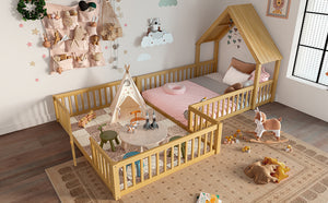 English Elm Full Full Size House Floor Bed with Door & Guardrails, Solid Wood Playful Design for Kids, Safe and Durable Natural W1580P327131