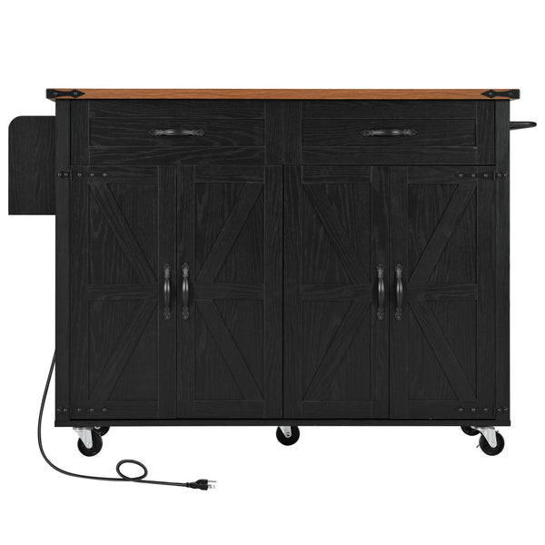 English Elm K&K Farmhouse Kitchen Island Cart 53.5" with Drop Leaf, Built-In Power Station, Ample Storage & Wheels Black N707P170348B