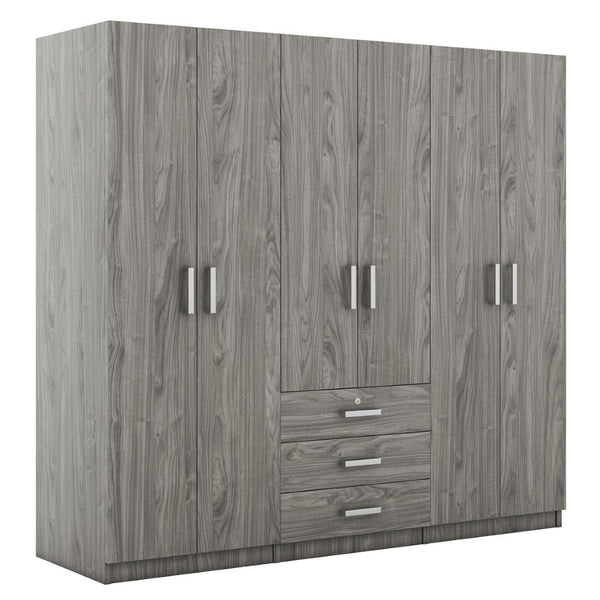 English Elm 6-doors Mdf Wardrobe with Large Drawers Streamlined Bedroom Storage Modern Design Gray N820000010E