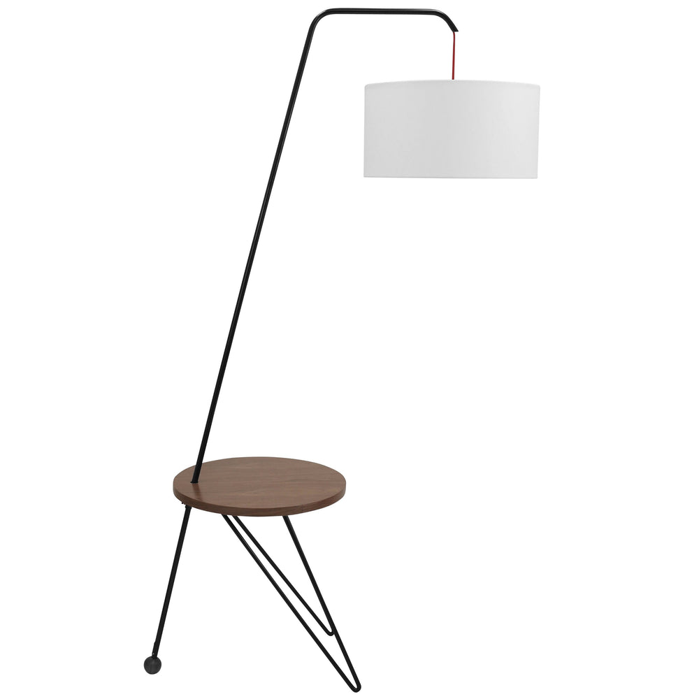 English Elm Stork Mid-Century Floor Lamp with Walnut Accent Table, Fabric Drum Shade, Hairpin Legs, Warm Glow B202S01394