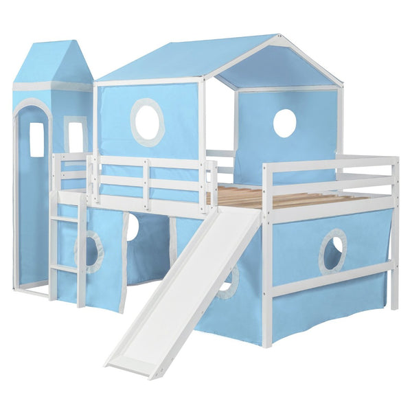 English Elm Full Size Castle Loft Bed with Slide Pink Tent Tower Pinewood Kids Play Frame LT000771AAC-1