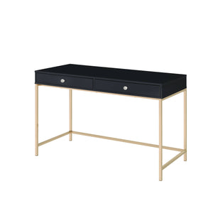 English Elm Black Black High Gloss and Gold Two-Drawer Writing Desk with Sleek Gold Legs, Ample Storage, Modern Elegance B062P184559
