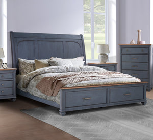 English Elm Queen Sleigh Bed with Corduroy Blue Finish, USB Headboard, Storage Footboard, Rustic Coastal Charm B108S00030