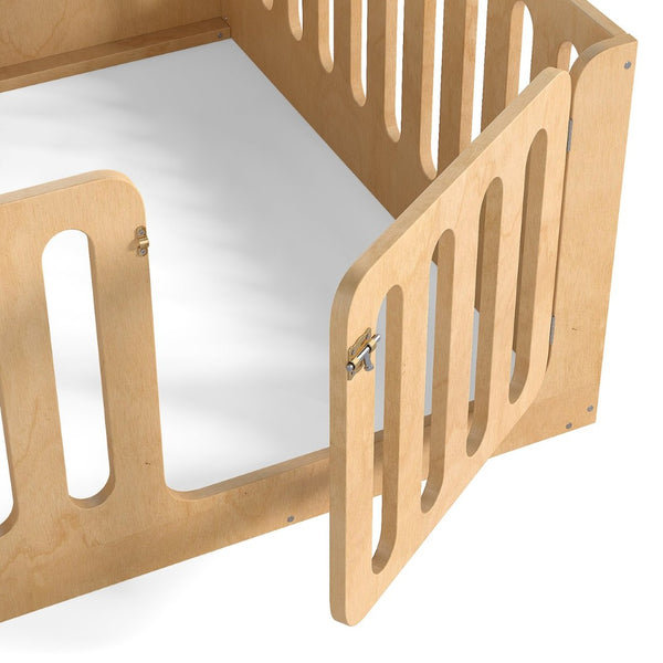 English Elm Twin Solid Pine Montessori Floor Bed with House Frame Door and Safety Fence Natural W5305P420636