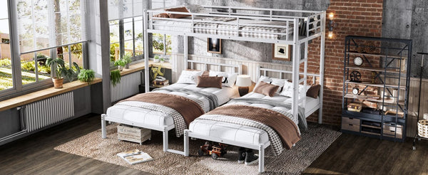 English Elm Twin Triple Bunk Bed Metal L-shaped Frame Sleeps Three Kids White Finish White W1580S00616