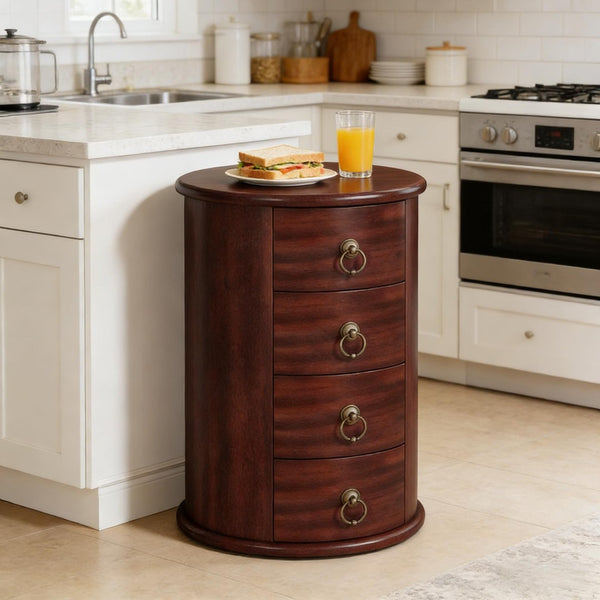 English Elm Wood Round Nightstand Four Drawer Solid Mid Century Modern Bedside Storage Table T3971P451421
