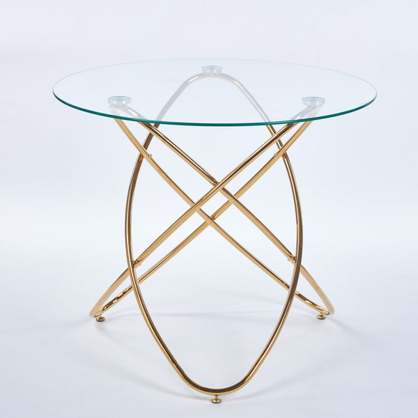 English Elm Dining Table with tempered glass top and sleek metal legs, modern space-saving design for small spaces Golden W234P329699