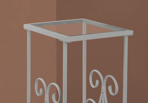 English Elm Accent Two-Tier Tempered Glass End Table with Silver Grey Metal Frame and Elegant Scroll Accents, 30" B2710P219207