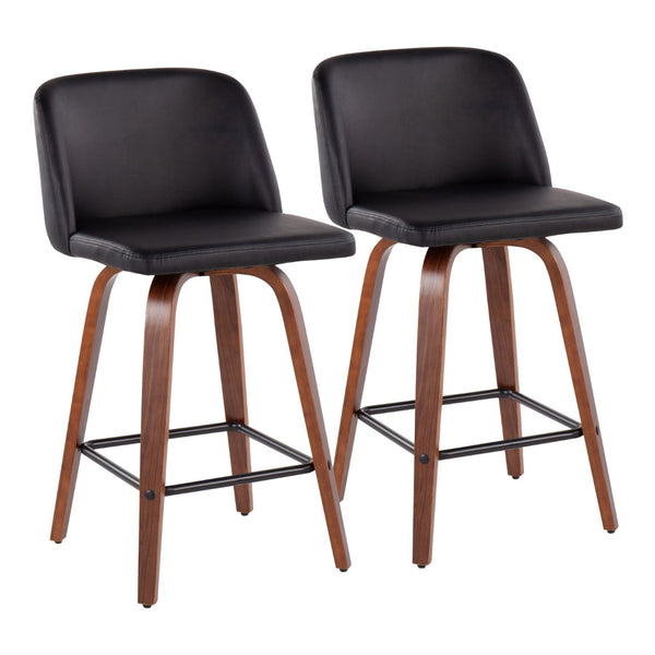 English Elm Toriano Mid-Century Modern Counter Stools Set Of 2 - Walnut Wood Legs & Black Faux Leather Seats B202S00445-GIGA