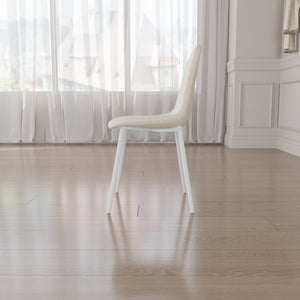 English Elm Dining Chair Set of 4 Beige Linen Upholstered Spoon-Shape Seats with White Metal Legs, Mid-Century Modern Comfort and Floor-Protecting Pads W2189P190477