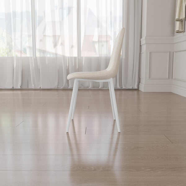 English Elm Dining Chair Set of 4 Beige Linen Upholstered Spoon-Shape Seats with White Metal Legs, Mid-Century Modern Comfort and Floor-Protecting Pads W2189P190477