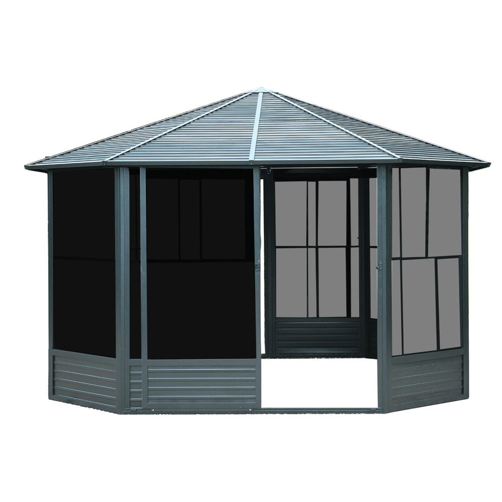 English Elm 12 Ft Octagonal Solarium Hardtop Aluminum Frame Backyard Screen House Sliding Door W1859P207088