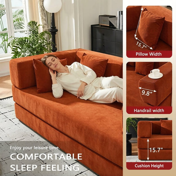 English Elm Convertible Corduroy Floor Sofa with Folding Sleeper and Bolster Pillow for Apartments Orange W5638P460470