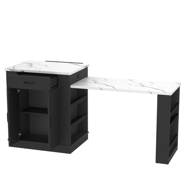English Elm Extendable Kitchen Island Console with Open Shelving Drawers and Cabinet in Matte Black W1580S00274