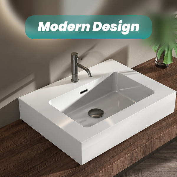 English Elm BB02-24-101, Glossy Integrated Solid Surface Basin with Overflow — Sleek Contemporary Design for Luxe Bathrooms White W1865107108
