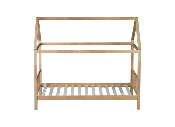 English Elm Twin House Bed with Headboard and Footboard — Space-Saving Rubberwood Frame, Playful Architectural Design White Oak W504P225961