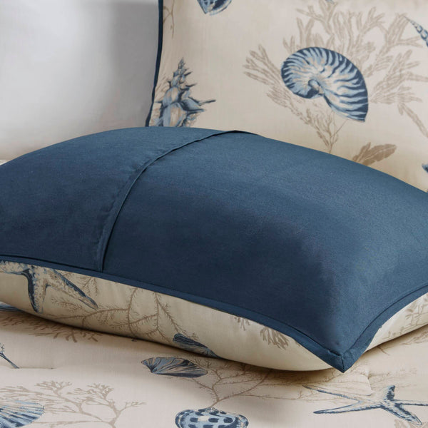 JLA Home Madison Park - 7 Piece Coastal Cotton Sateen Comforter Set with Seashell & Coral Motifs, Reversible Dark-Blue Backing 104 L x 92 W x 1.5H MP10-506