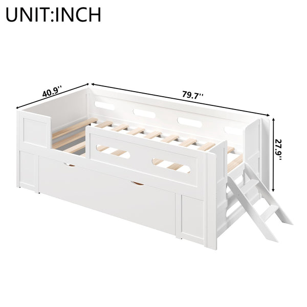 English Elm Wood Twin Platform Bed for Kids with Fence Guardrail and Under Storage Drawer White N709P385777K