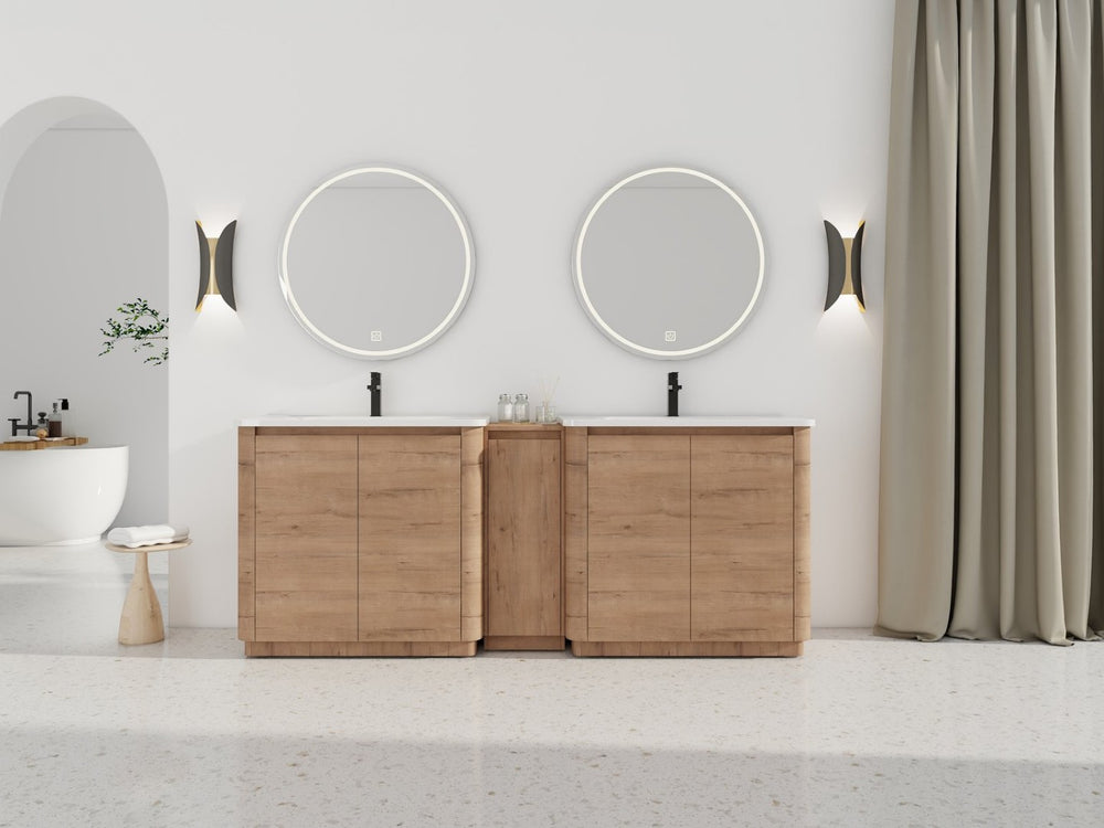 English Elm 84'' Freestanding Double Sink Bathroom Vanity Oak Finish Soft Close Storage Cabinet W999S00516