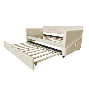 English Elm Modern Velvet Twin Daybed with Pull Out Trundle and Built in Armrest Storage Pockets Beige SF000200AAA