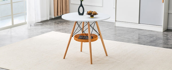 English Elm 31.5-inch Round Dining Table Solid Legs Woven Basket Storage Compact Modern Minimalist White,Wood W1151P431133