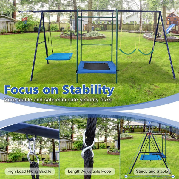 English Elm 4 in 1 Kids Outdoor Swing Set Steel A-frame with Trampoline and Basketball Rim W1408P367265